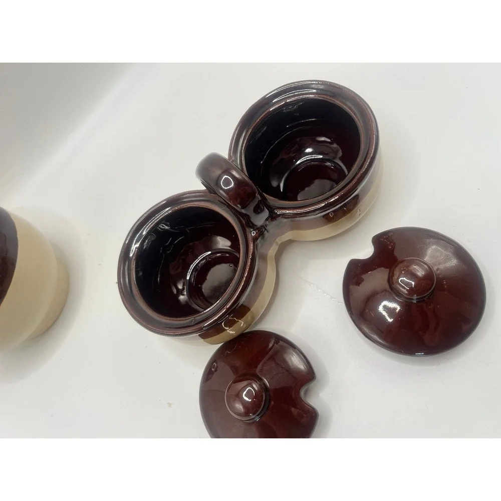 Vintage Two Tone Brown Tan Stoneware Sugar Bowl and Double Jam Jelly Server Set